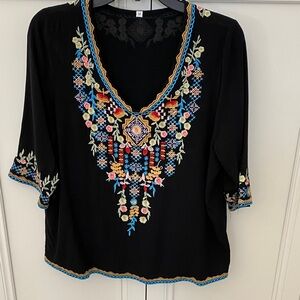 Bohemien Women's Loose fitting  Black Top with Colorful Embroidery